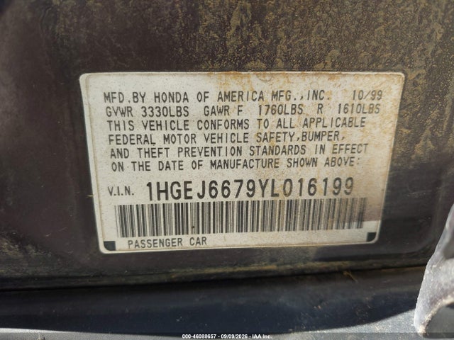 Продажа на аукционе авто 2000 Honda Civic Lx, vin: 1HGEJ6679YL016199, номер лота: 46088657