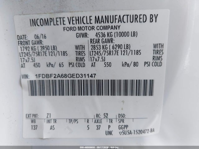 46088658 :رقم المزاد ، 1FDBF2A68GED31147 vin ، 2016 Ford F-250 Xl مزاد بيع