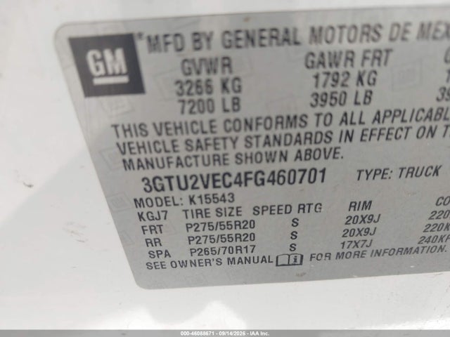 Продажа на аукционе авто 2015 Gmc Sierra 1500 Slt, vin: 3GTU2VEC4FG460701, номер лота: 46088671