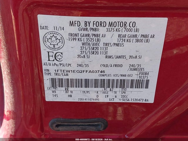 Ford F-150 Lariat 2015 1FTEW1EG2FFA03746 Image 9