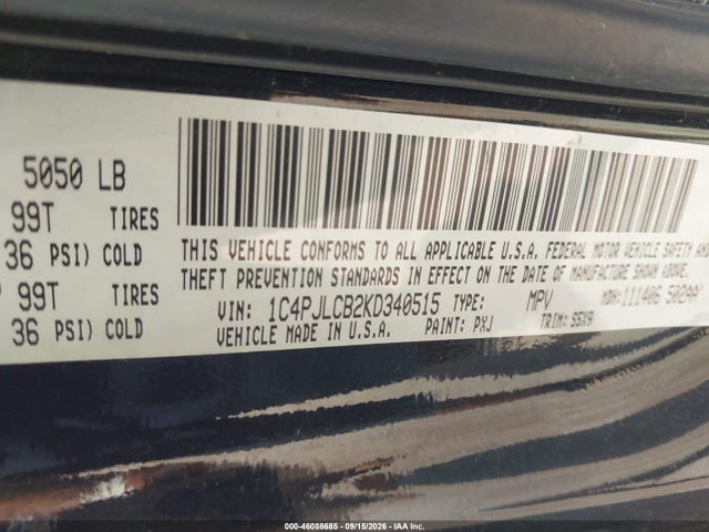 2019 Jeep Cherokee Latitude Fwd მანქანა იყიდება აუქციონზე, vin: 1C4PJLCB2KD340515, აუქციონის ნომერი: 46088685