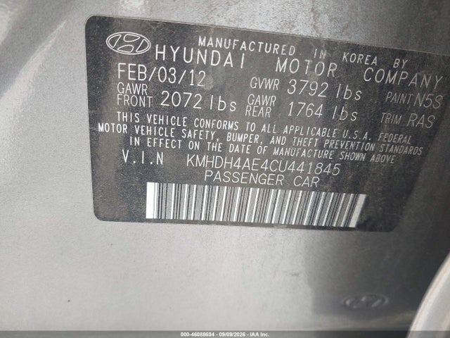 46088694 :رقم المزاد ، KMHDH4AE4CU441845 vin ، 2012 Hyundai Elantra Gls (ulsan Plant) مزاد بيع
