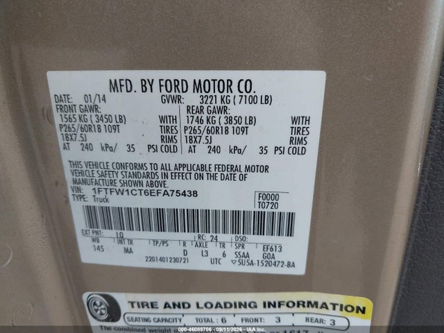 46088706 :رقم المزاد ، 1FTFW1CT6EFA75438 vin ، 2014 Ford F-150 Xlt مزاد بيع