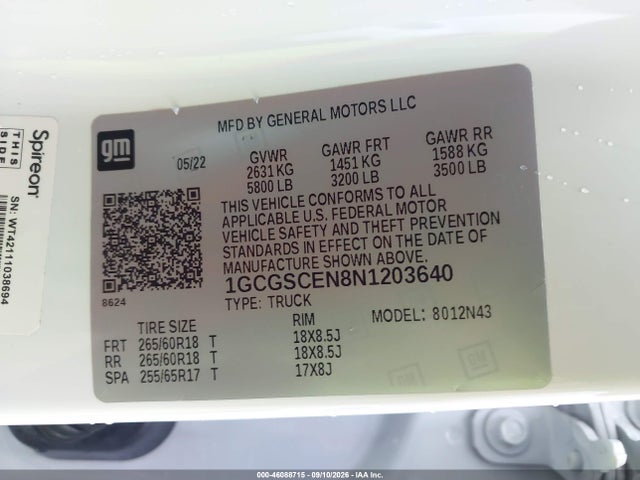 46088715 :رقم المزاد ، 1GCGSCEN8N1203640 vin ، 2022 Chevrolet Colorado 2wd  Short Box Lt مزاد بيع