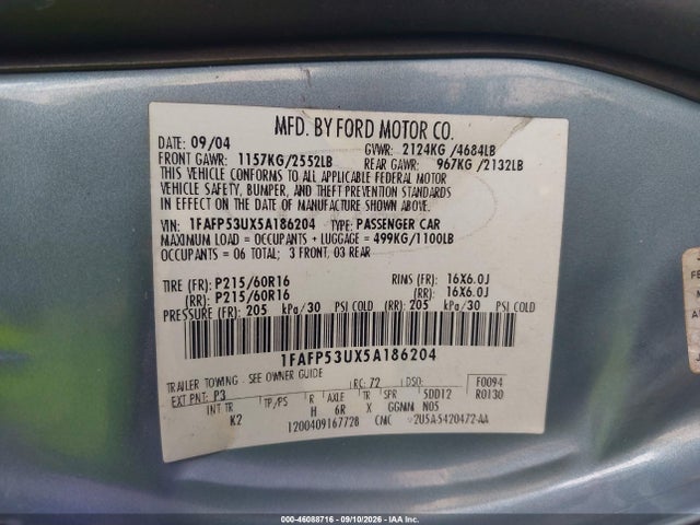 Продажа на аукционе авто 2005 Ford Taurus Se, vin: 1FAFP53UX5A186204, номер лота: 46088716