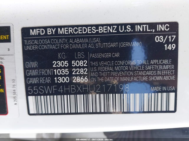 Aukcja sprzedaży 2017 Mercedes-benz C 350e, vin: 55SWF4HBXHU217198, numer aukcji: 46088717