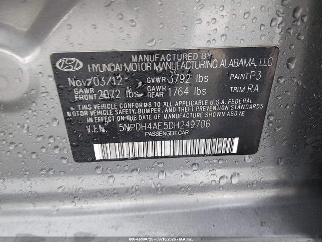 2013 Hyundai Elantra Gls მანქანა იყიდება აუქციონზე, vin: 5NPDH4AE5DH249706, აუქციონის ნომერი: 46088725