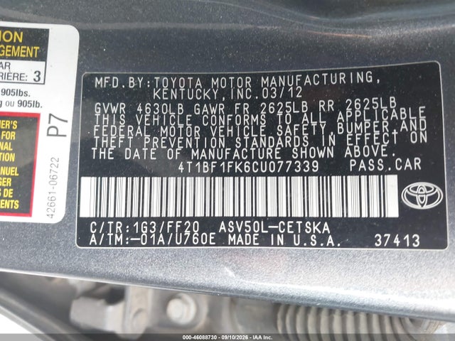 Продаж на аукціоні авто 2012 Toyota Camry Se, vin: 4T1BF1FK6CU077339, номер лоту: 46088730