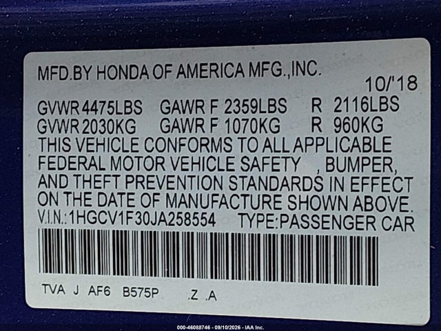 Продаж на аукціоні авто 2018 Honda Accord Sport, vin: 1HGCV1F30JA258554, номер лоту: 46088746