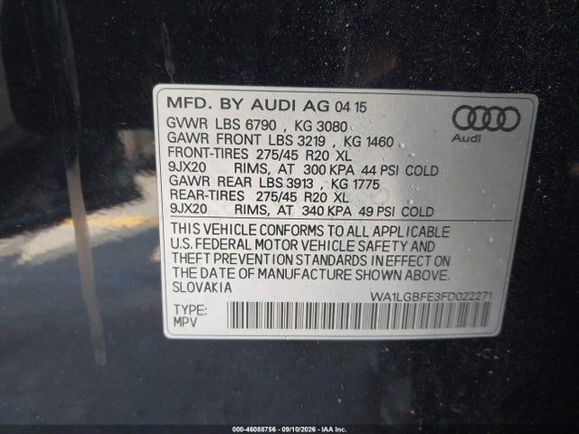 Aukcja sprzedaży 2015 Audi Q7 3.0t Premium, vin: WA1LGBFE3FD022271, numer aukcji: 46088756