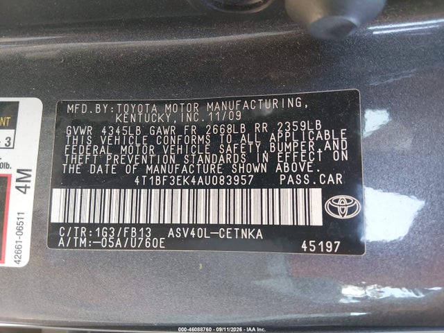 46088760 :رقم المزاد ، 4T1BF3EK4AU083957 vin ، 2010 Toyota Camry Le مزاد بيع
