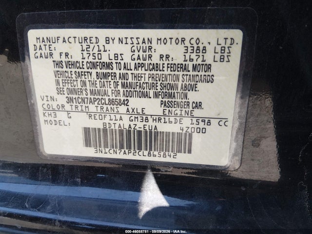 2012 Nissan Versa 1.6 S მანქანა იყიდება აუქციონზე, vin: 3N1CN7AP2CL865842, აუქციონის ნომერი: 46088781