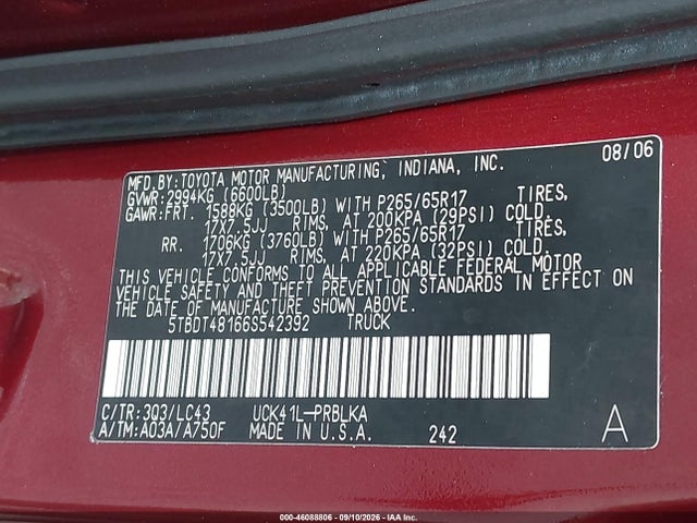 Продаж на аукціоні авто 2006 Toyota Tundra Limited V8, vin: 5TBDT48166S542392, номер лоту: 46088806