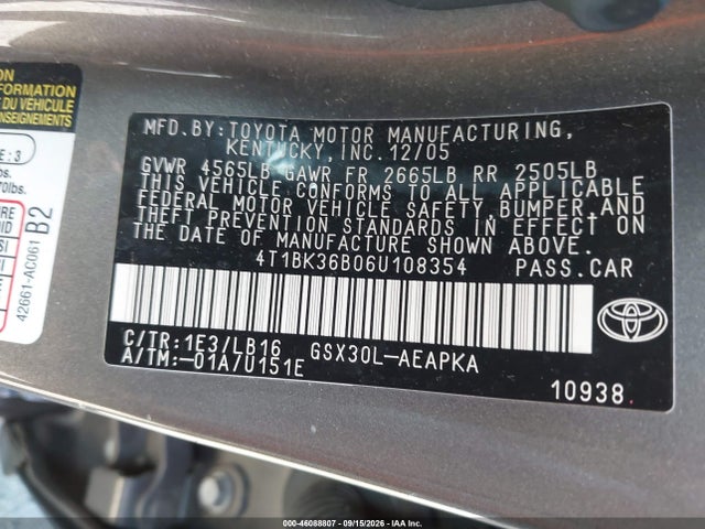 Aukcja sprzedaży 2006 Toyota Avalon Limited, vin: 4T1BK36B06U108354, numer aukcji: 46088807