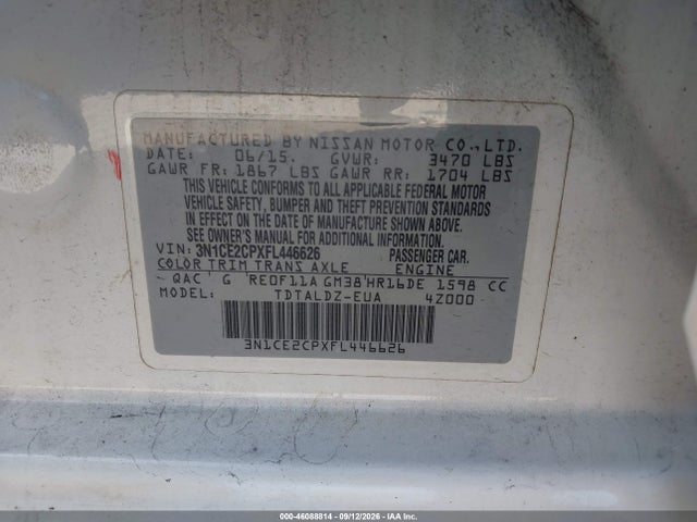 46088814 :رقم المزاد ، 3N1CE2CPXFL446626 vin ، 2015 Nissan Versa Note Sv مزاد بيع