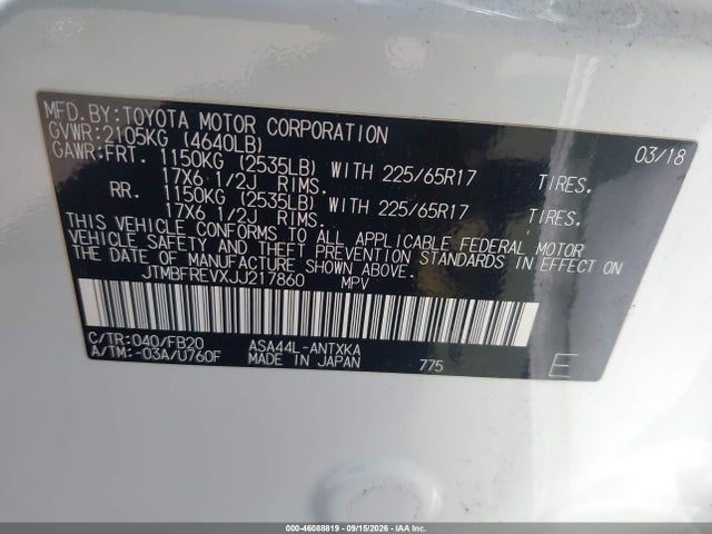 2018 Toyota Rav4 Le მანქანა იყიდება აუქციონზე, vin: JTMBFREVXJJ217860, აუქციონის ნომერი: 46088819
