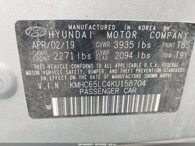 Продаж на аукціоні авто 2019 Hyundai Ioniq Hybrid Blue, vin: KMHC65LC4KU158704, номер лоту: 46088821