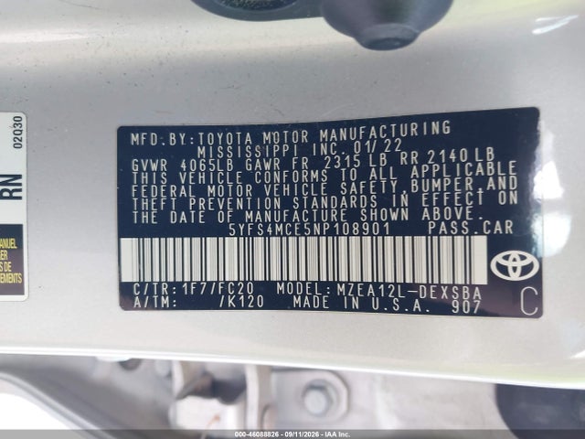Продажа на аукционе авто 2022 Toyota Corolla Se, vin: 5YFS4MCE5NP108901, номер лота: 46088826