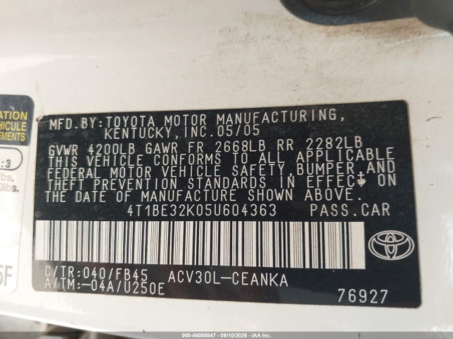 Продажа на аукционе авто 2005 Toyota Camry Le, vin: 4T1BE32K05U604363, номер лота: 46088847