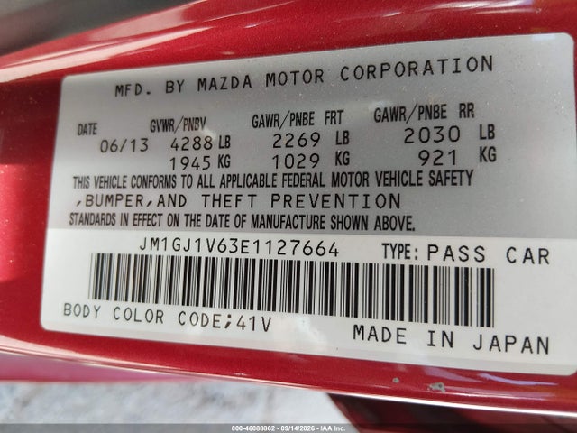 Auction sale of the 2014 Mazda Mazda6 I Touring, vin: JM1GJ1V63E1127664, lot number: 46088862