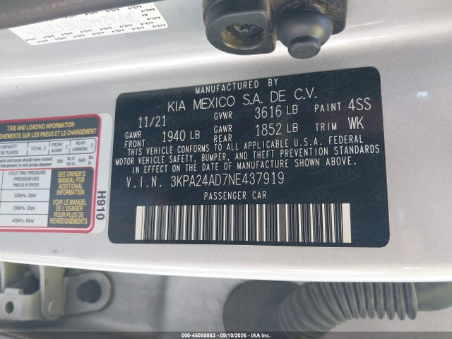 Продаж на аукціоні авто 2022 Kia Rio Lx, vin: 3KPA24AD7NE437919, номер лоту: 46088863