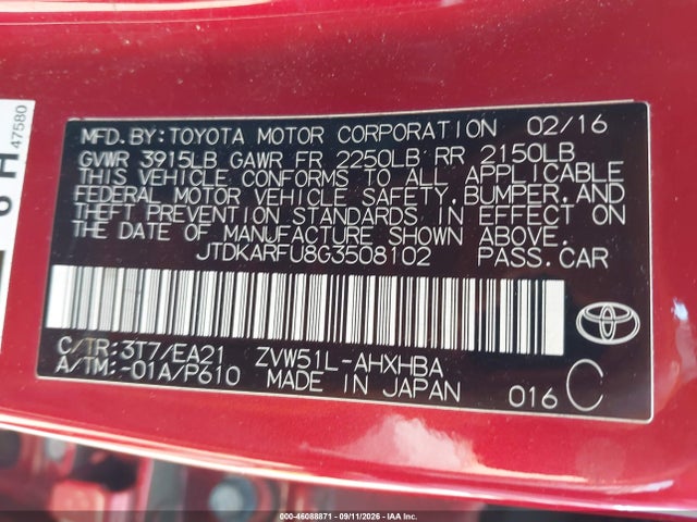 Продажа на аукционе авто 2016 Toyota Prius Four Touring, vin: JTDKARFU8G3508102, номер лота: 46088871