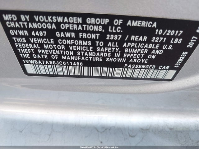 46088875 :رقم المزاد ، 1VWBA7A30JC011486 vin ، 2018 Volkswagen Passat 2.0t Se مزاد بيع