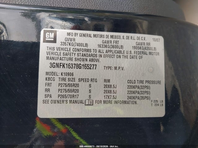 Aukcja sprzedaży 2008 Chevrolet Suburban 1500 Lt, vin: 3GNFK16378G165277, numer aukcji: 46088873