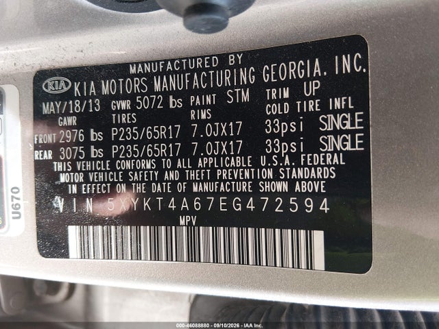 2014 Kia Sorento Lx მანქანა იყიდება აუქციონზე, vin: 5XYKT4A67EG472594, აუქციონის ნომერი: 46088880