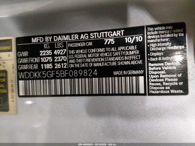 46088883 :رقم المزاد ، WDDKK5GF5BF089824 vin ، 2011 Mercedes-benz E 350 مزاد بيع