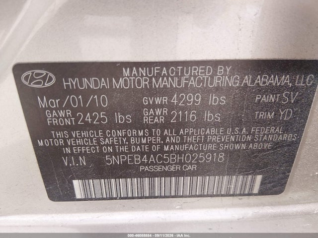 2011 Hyundai Sonata Gls მანქანა იყიდება აუქციონზე, vin: 5NPEB4AC5BH025918, აუქციონის ნომერი: 46088884