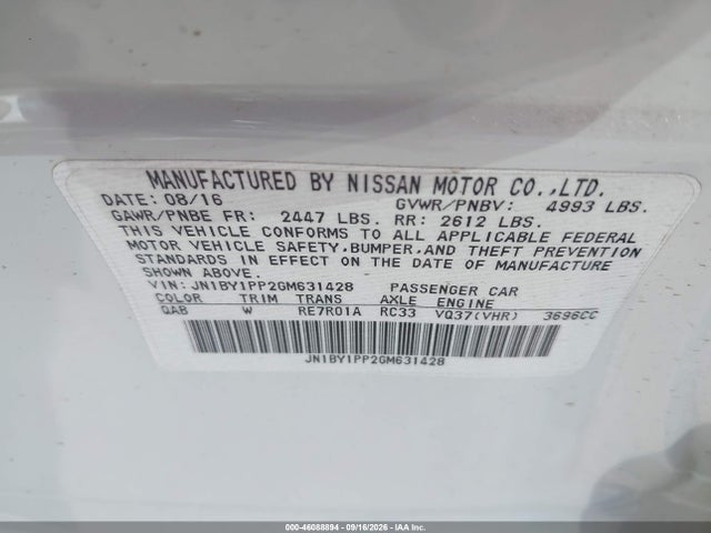46088894 :رقم المزاد ، JN1BY1PP2GM631428 vin ، 2016 Infiniti Q70l 3.7 مزاد بيع