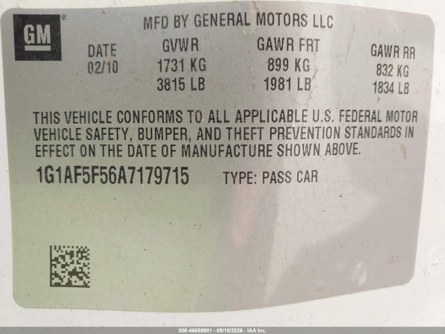 46088901 :رقم المزاد ، 1G1AF5F56A7179715 vin ، 2010 Chevrolet Cobalt Lt مزاد بيع
