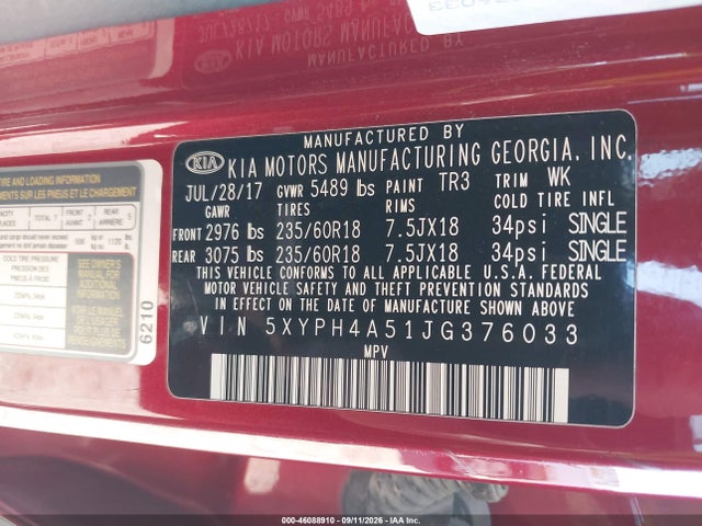 Aukcja sprzedaży 2018 Kia Sorento 3.3l Ex, vin: 5XYPH4A51JG376033, numer aukcji: 46088910