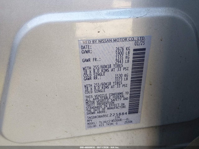 Aukcja sprzedaży 2025 Nissan Pathfinder Sv Fwd, vin: 5N1DR3BA9SC225884, numer aukcji: 46088930