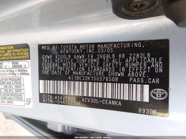 Продаж на аукціоні авто 2005 Toyota Camry Le, vin: 4T1BE32K15U576508, номер лоту: 46088931