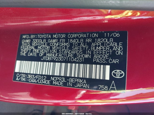 Продаж на аукціоні авто 2007 Toyota Yaris, vin: JTDBT923071104231, номер лоту: 46088941