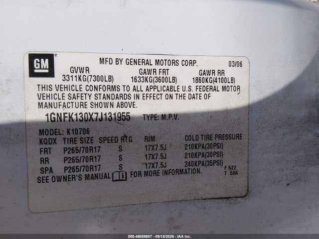 46088957 :رقم المزاد ، 1GNFK130X7J131955 vin ، 2007 Chevrolet Tahoe Lt مزاد بيع
