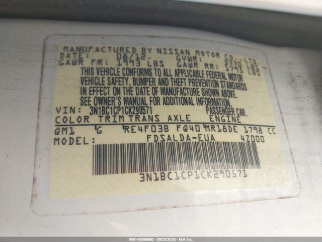 Aukcja sprzedaży 2012 Nissan Versa 1.8 S, vin: 3N1BC1CP1CK290571, numer aukcji: 46088960