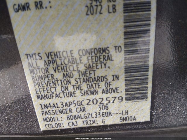 46088961 :رقم المزاد ، 1N4AL3AP5GC202579 vin ، 2016 Nissan Altima 2.5 S مزاد بيع