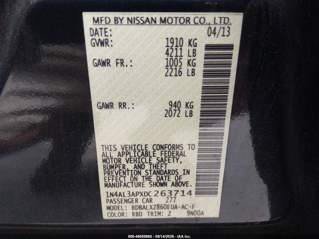 Продаж на аукціоні авто 2013 Nissan Altima 2.5 Sl, vin: 1N4AL3APXDC263714, номер лоту: 46088965