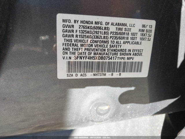 2013 Honda Pilot Ex-l მანქანა იყიდება აუქციონზე, vin: 5FNYF4H5XDB075417, აუქციონის ნომერი: 46088966