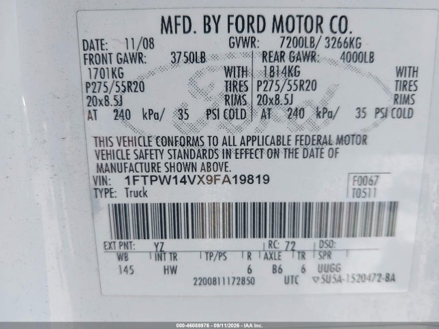 Продаж на аукціоні авто 2009 Ford F-150 Fx4/king Ranch/lariat/platinum/xl/xlt, vin: 1FTPW14VX9FA19819, номер лоту: 46088976