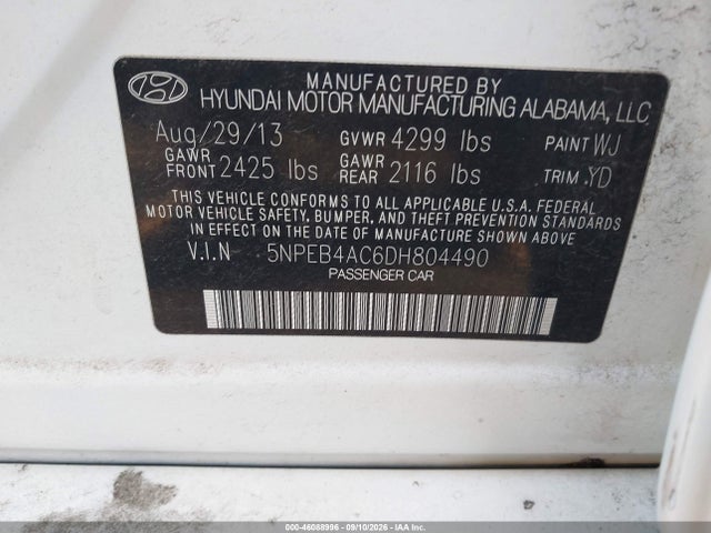 46088996 :رقم المزاد ، 5NPEB4AC6DH804490 vin ، 2013 Hyundai Sonata Gls مزاد بيع