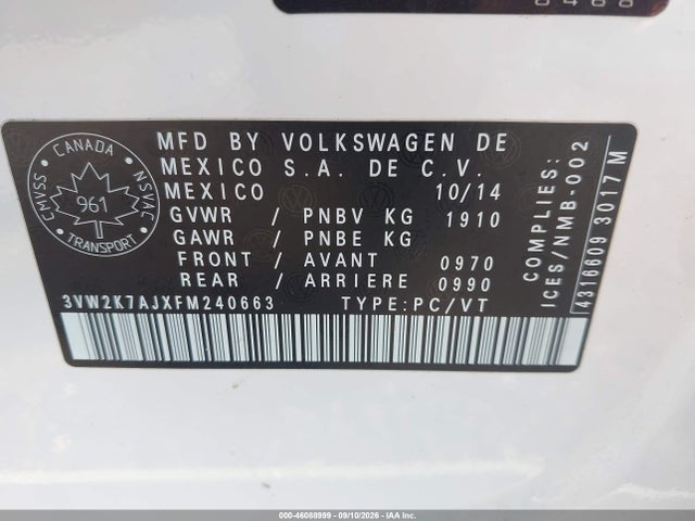 Продажа на аукционе авто 2015 Volkswagen Jetta 2.0l S, vin: 3VW2K7AJXFM240663, номер лота: 46088999