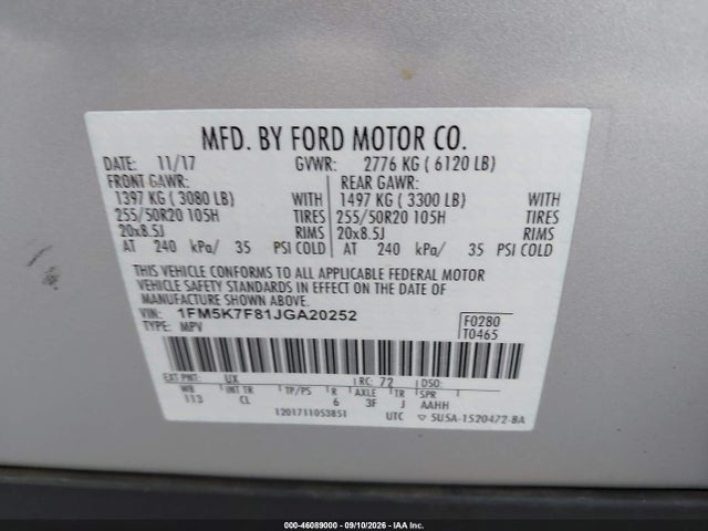 2018 Ford Explorer Limited მანქანა იყიდება აუქციონზე, vin: 1FM5K7F81JGA20252, აუქციონის ნომერი: 46089000