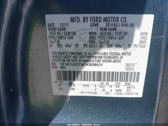 Продаж на аукціоні авто 2012 Ford Escape Xlt, vin: 1FMCU0D74CKB58631, номер лоту: 46089013
