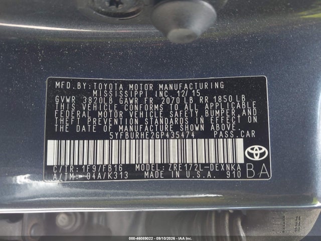 Aukcja sprzedaży 2016 Toyota Corolla Le, vin: 5YFBURHE2GP435474, numer aukcji: 46089022