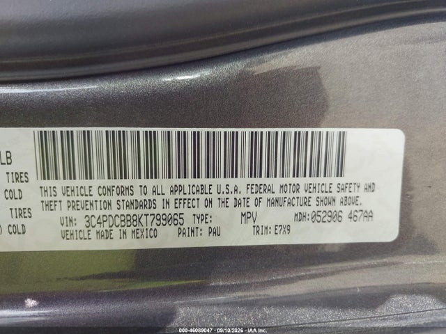 Продаж на аукціоні авто 2019 Dodge Journey Se, vin: 3C4PDCBB8KT799065, номер лоту: 46089047