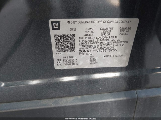 Aukcja sprzedaży 2018 Chevrolet Equinox Lt, vin: 2GNAXJEV5J6346765, numer aukcji: 46089052